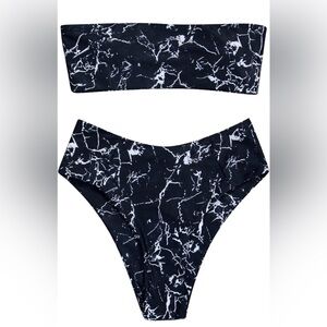Black & White Marble High Waisted Bandeau Bikini Set Size L